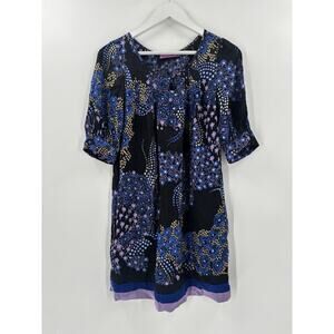 Christiane Celle Dress Womens XS Black Blue Purple 100% Silk Floral Keyhole